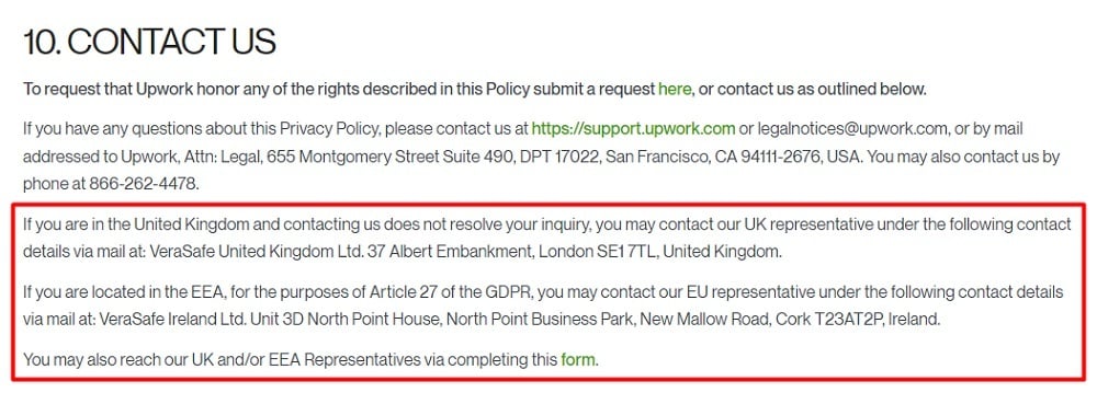 Upwork Privacy Policy: Contact Us clause