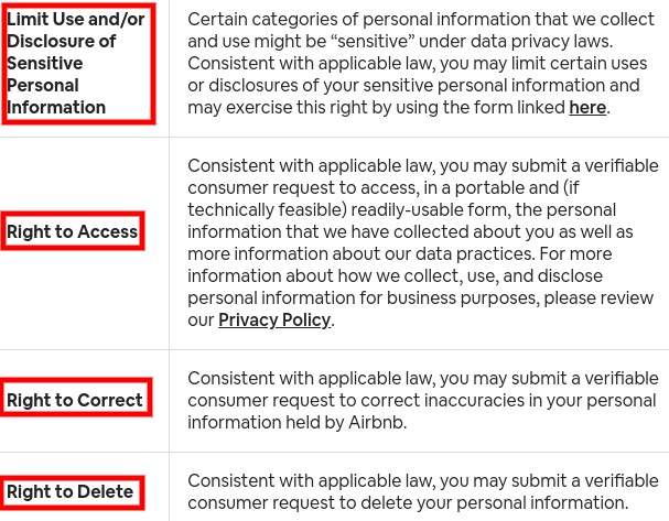 Airbnb Privacy Policy: User rights section