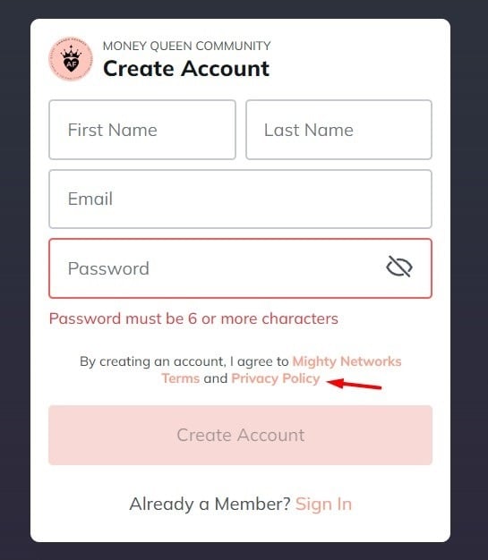 Amanda France Create Account form with Privacy Policy link highlighted