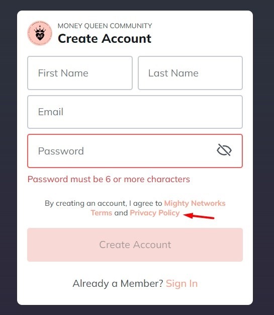 Amanda France Create Account form with Privacy Policy link highlighted