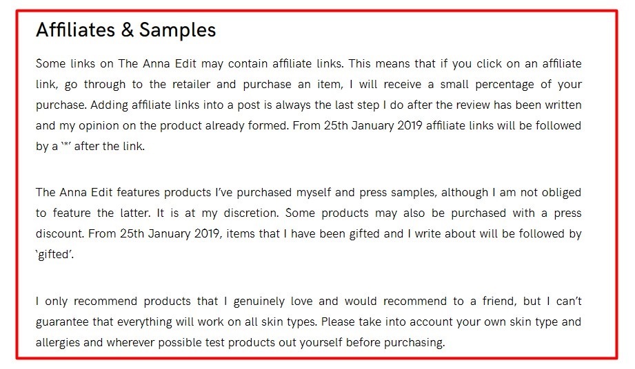 Anna Edit Affiliates and Samples section