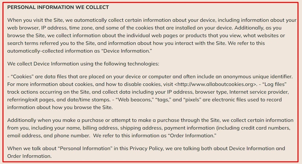 Anna Rogan Privacy Policy: Personal information we collect clause