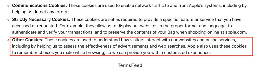 Apple Privacy Policy: Other Cookies clause
