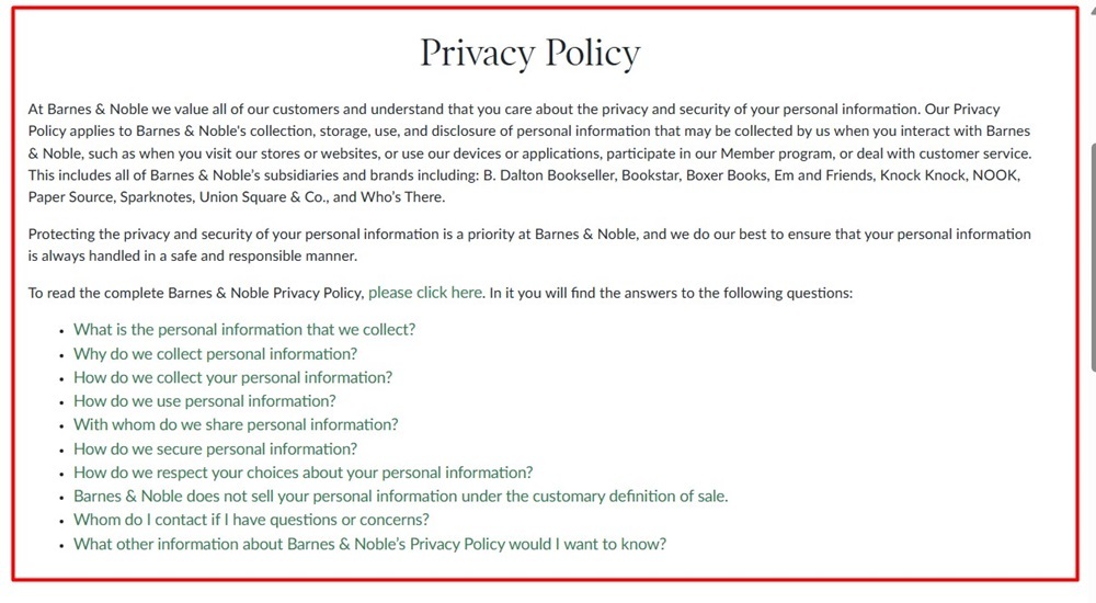 Barnes and Noble Privacy Policy Intro clause