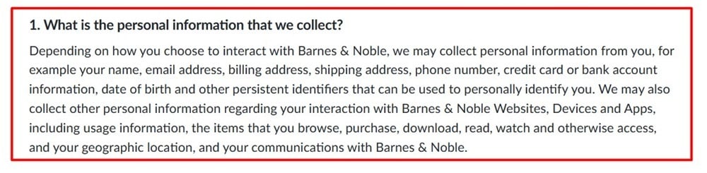 Barnes and Noble Privacy Policy What personal information we collect clause