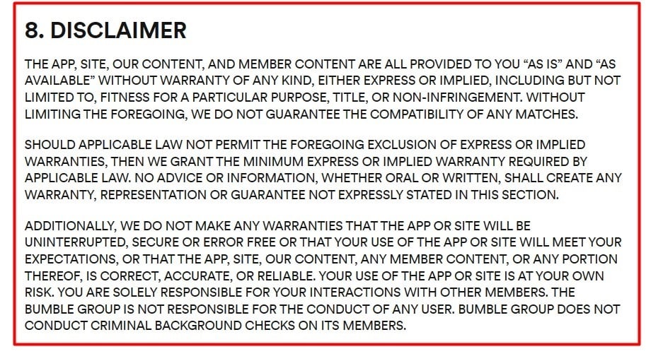Bumble Terms and Conditions Disclaimer