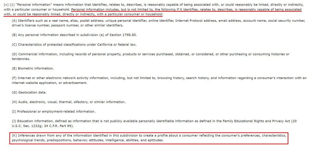 CCPA (CPRA) Definition of personal information with inferences section highlighted