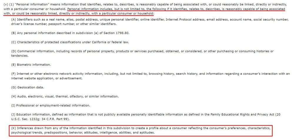 CCPA (CPRA) Definition of personal information with inferences section highlighted