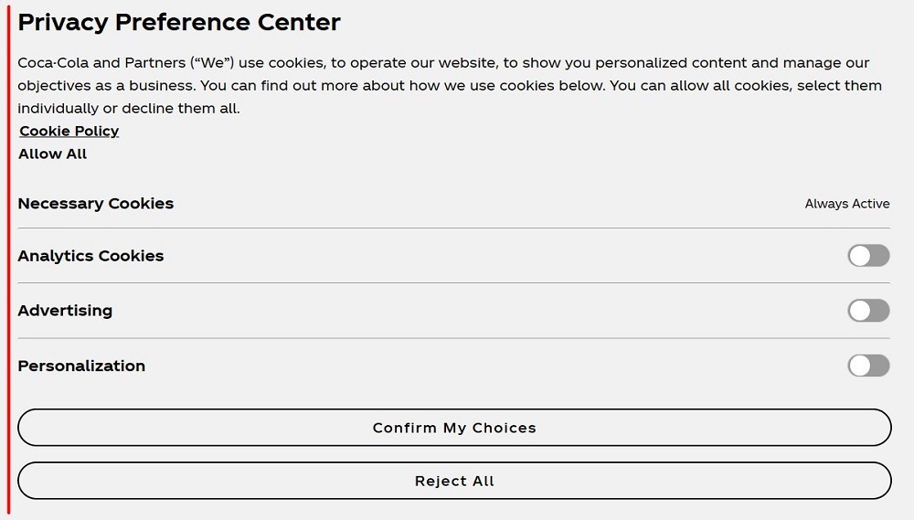 Screenshot of Coca Cola Privacy Preference Center