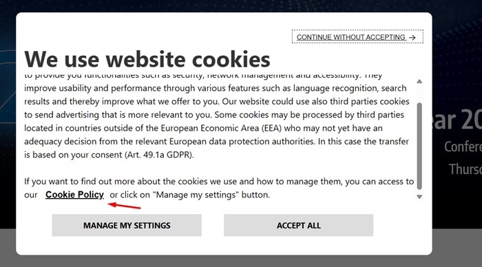 Cookie consent notice example with Cookie Policy highlighted