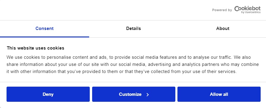 CookieBot Consent Management Notification Banner example