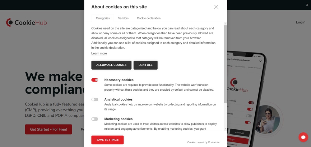 CookieHub Cookie Consent - Settings opened banner options exmple