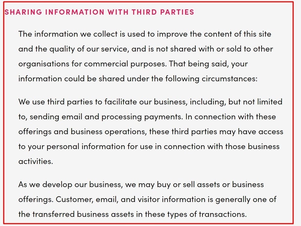 Dayarne Smith Privacy Policy: Sharing Information with Third Parties clause