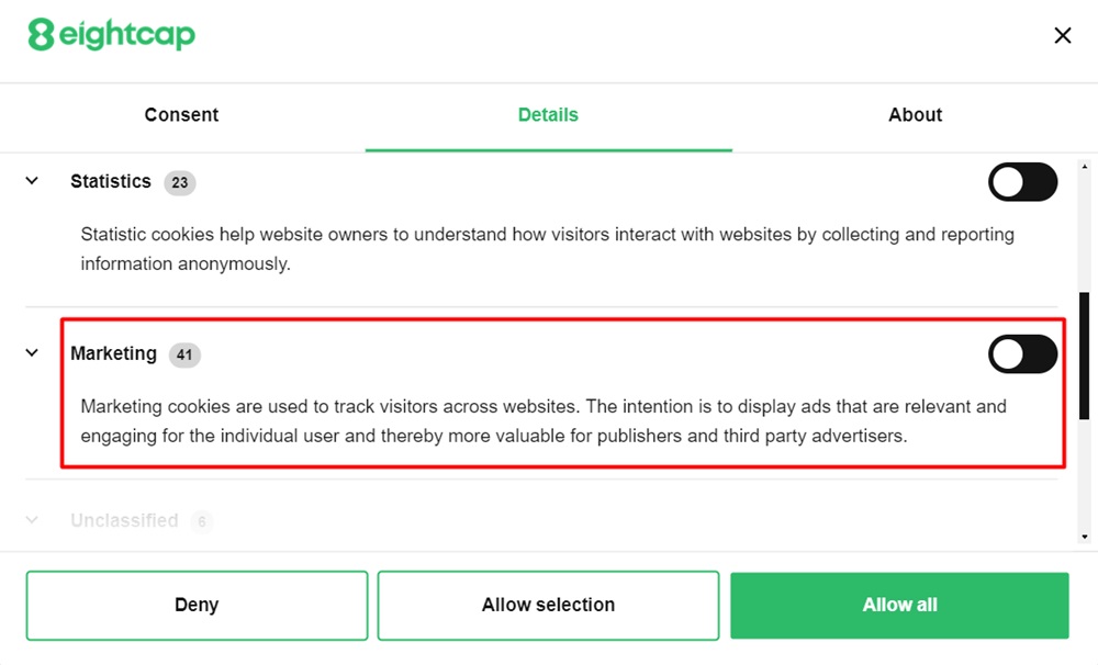 Eightcap Cookie Consent Notice Banner with Marketing Cookies highlighted