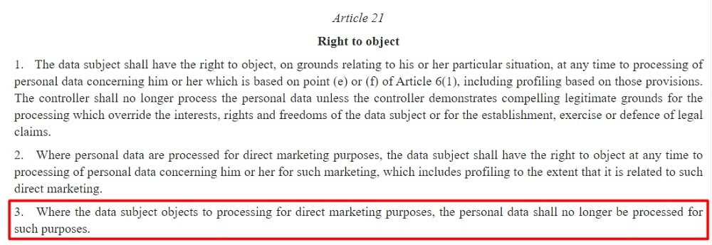 GDPR Article 21: Right to object with section 3 highlighted