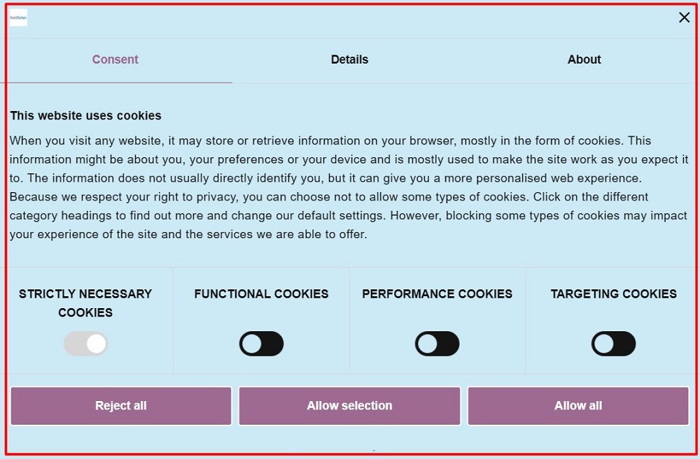 Generic cookie consent notice with toggle buttons