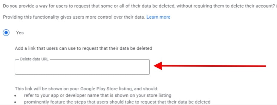 Google Data Safety Form with Delete data url field highlighted