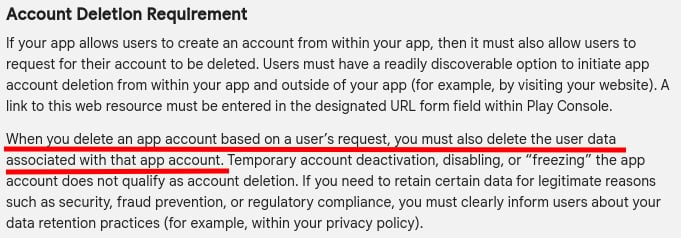 Google Play Console Help: Preview: User Data - Account Deletion Requirement section