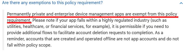 Google Play Console Help: Understanding Google Plays App Account Deletion Requirements - Exemptions section