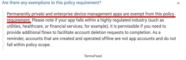 Google Play Console Help: Understanding Google Plays App Account Deletion Requirements - Exemptions section