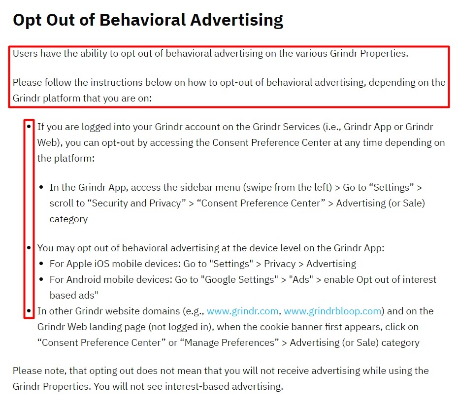 Grindr Opt out of behavioral advertising page