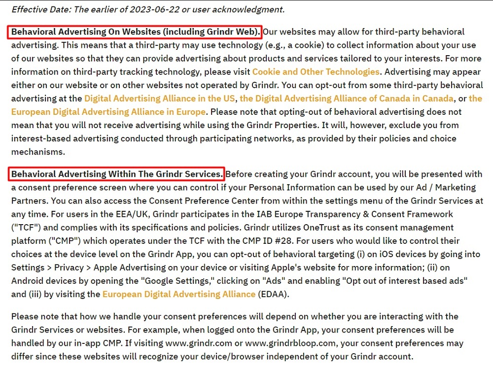 Grindr Privacy Policy: Behavioral advertising clause