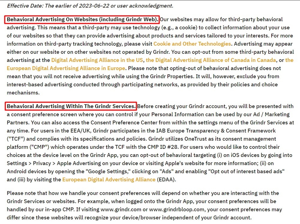Grindr Privacy Policy: Behavioral advertising clause