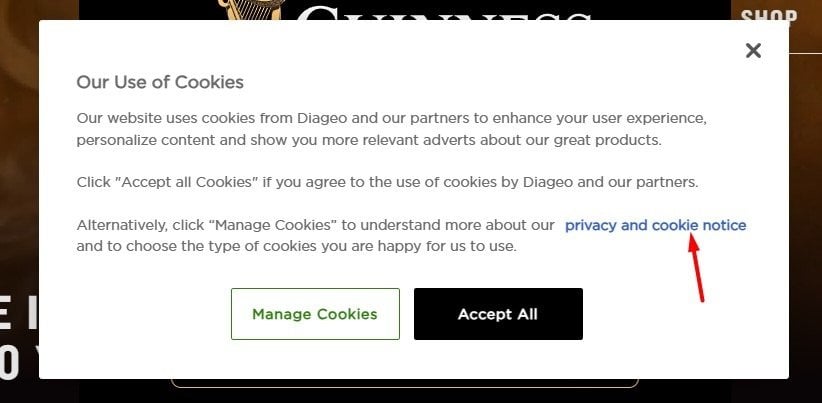 Guiness Cookie Notice with link highlighted
