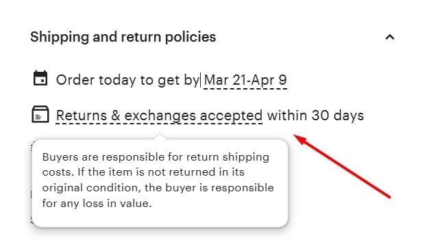 Hemp Organic Life Etsy page with Returns policy highlighted