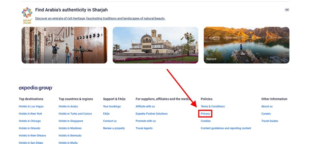 Hotels website footer with Privacy Policy link highlighted