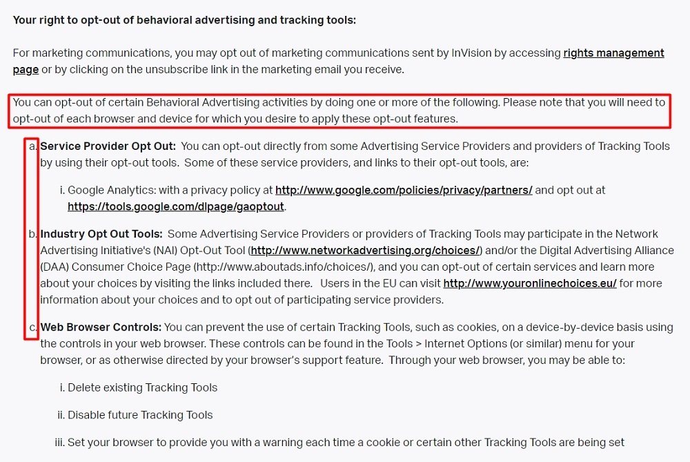 InVision Privacy Policy: Your right to opt out of behavioral advertising and tracking tools clause