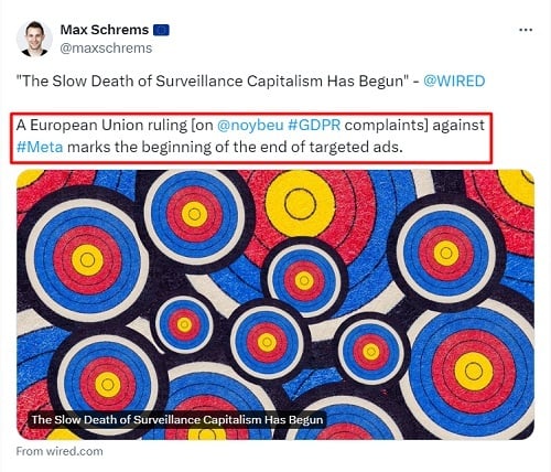 Max Schrems tweet on the end of targeted ads