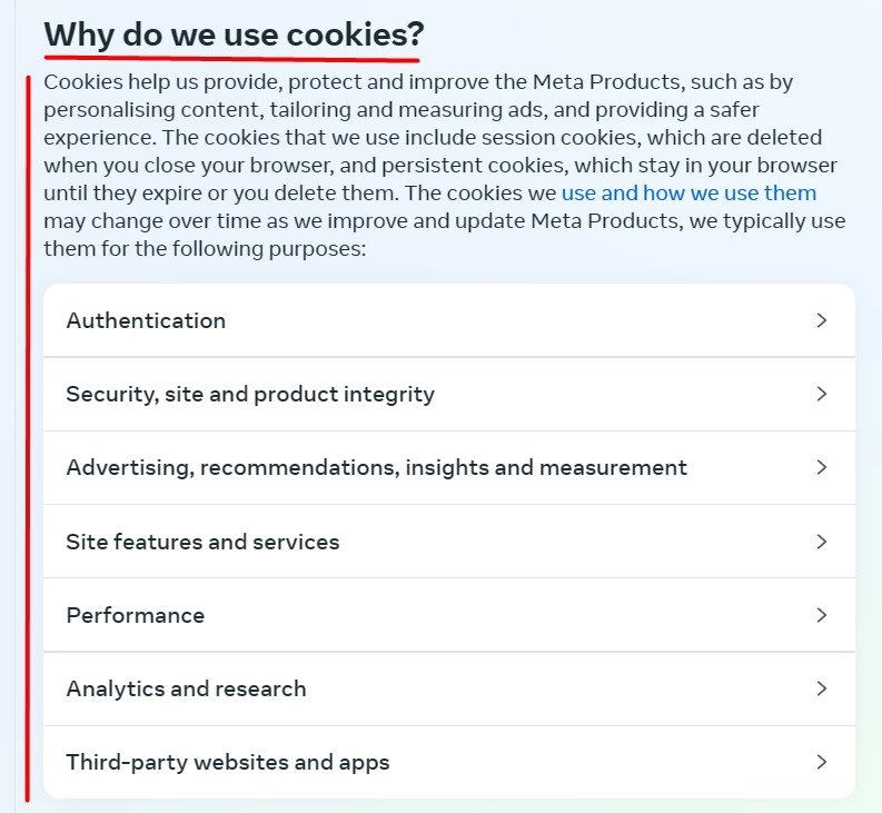 Meta Cookie Policy: Why we use cookies clause excerpt