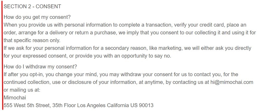 Mimochai Privacy Policy: Consent clause