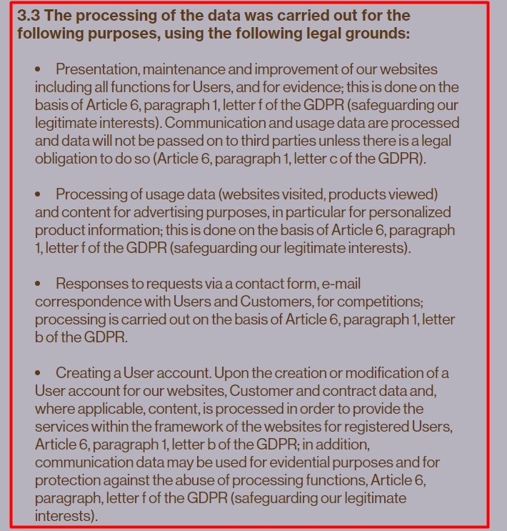 Oh Dada Privacy Policy: Purposes and legal grounds for data collected clause excerpt