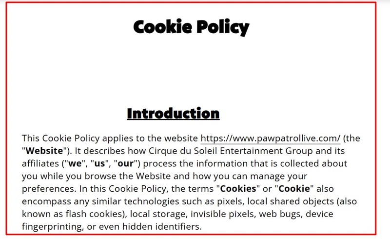 Paw Patrol Live Cookie Policy: Introduction clause