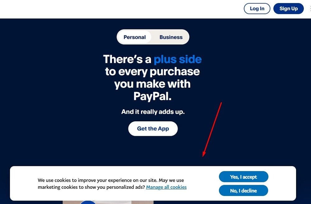 PayPal website with cookie consent notice highlighted