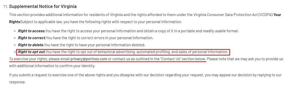 Portnox Privacy Policy: Notice for Virginia - Right to opt out section highlighted