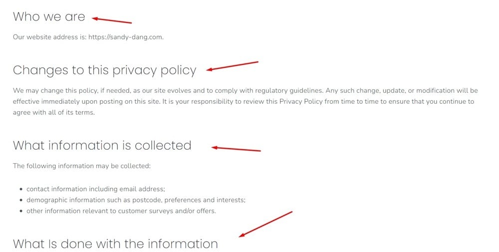 Sandy Dang Privacy Policy excerpt