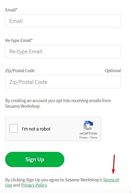 Sesame Street sign-up form with Terms link highlighted