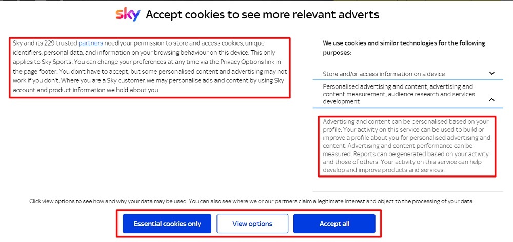 Sky cookie consent notice banner