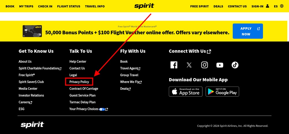 Spirit Airlines website footer with Privacy Policy link highlighted