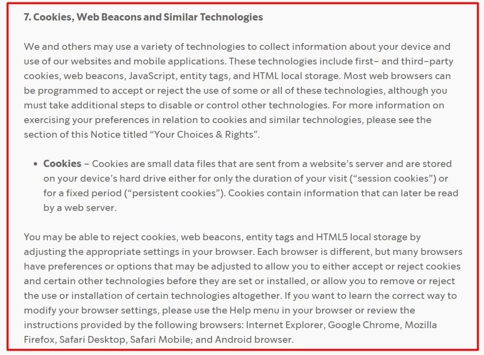 Starbucks Privacy Notice: Cookies web beacons and similar technologies clause