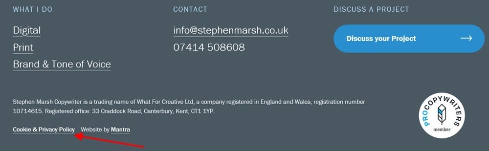 Stephen Marsh website footer with Cookie and Privacy Policy link highlighted
