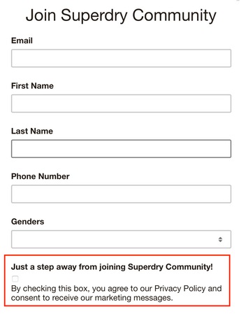 Superdry signup form with Agree checkbox highlighted