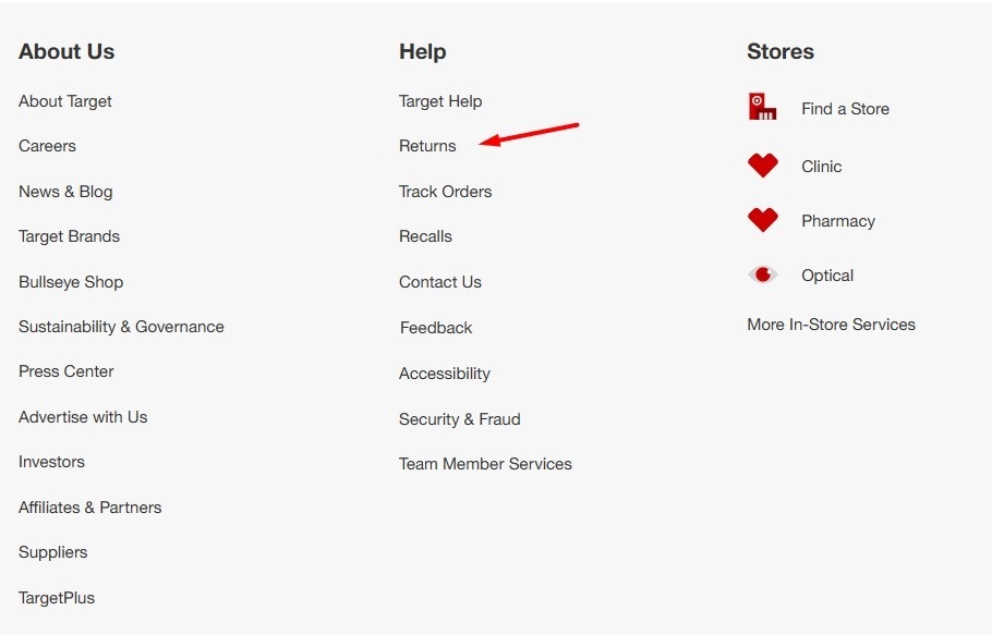 Target website footer with Returns link highlighted