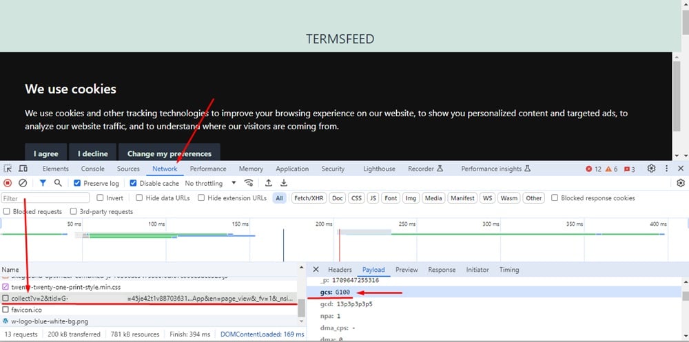 TermsFeed Free Cookie Consent with Google Consent Move V2 implemented - gcs parameter has value G100