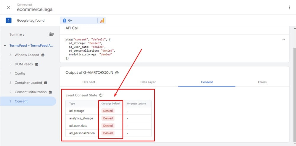 TermsFeed Test website connected with Google Tag Assistant with the consent selected and Event Consent State Denied as default