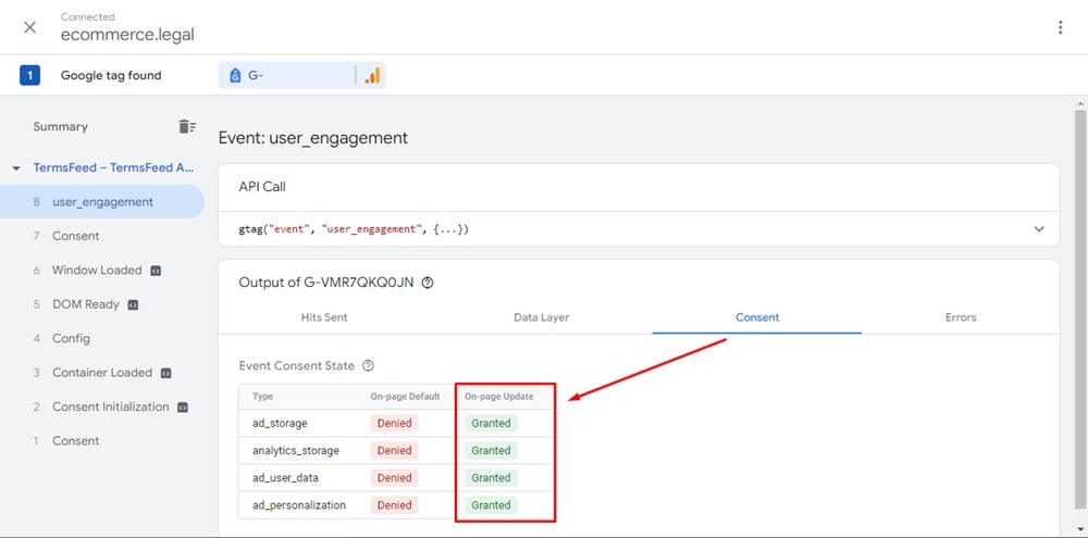 TermsFeed Test website connected with Google Tag Assistant with the User Engagement selected and Event Consent State Granted