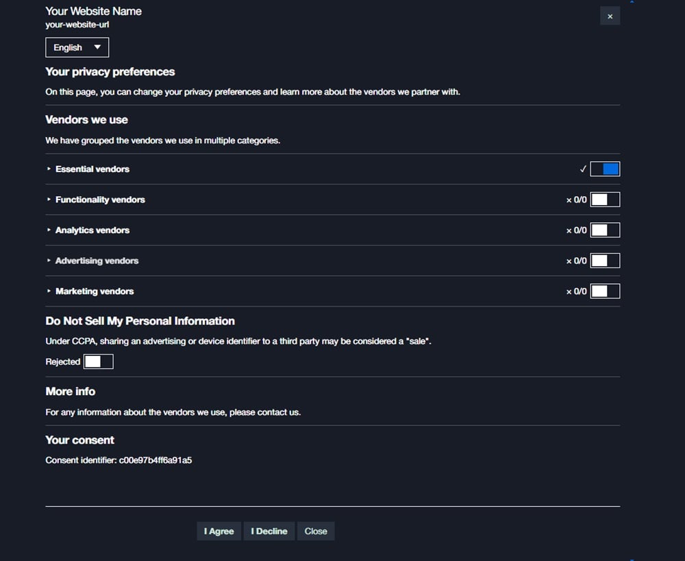 Example of the Privacy Consent with open Preference Center from TermsFeed